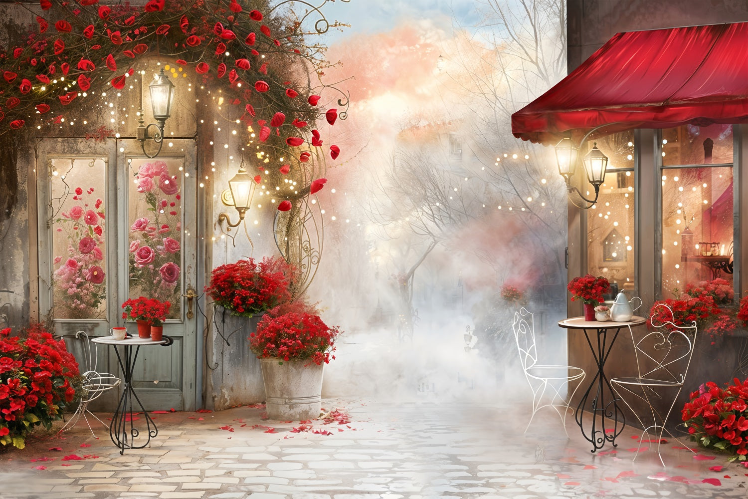 Valentine Backdrops Misty Romantic Valentine Garden Cafe Backdrop BRP12-234