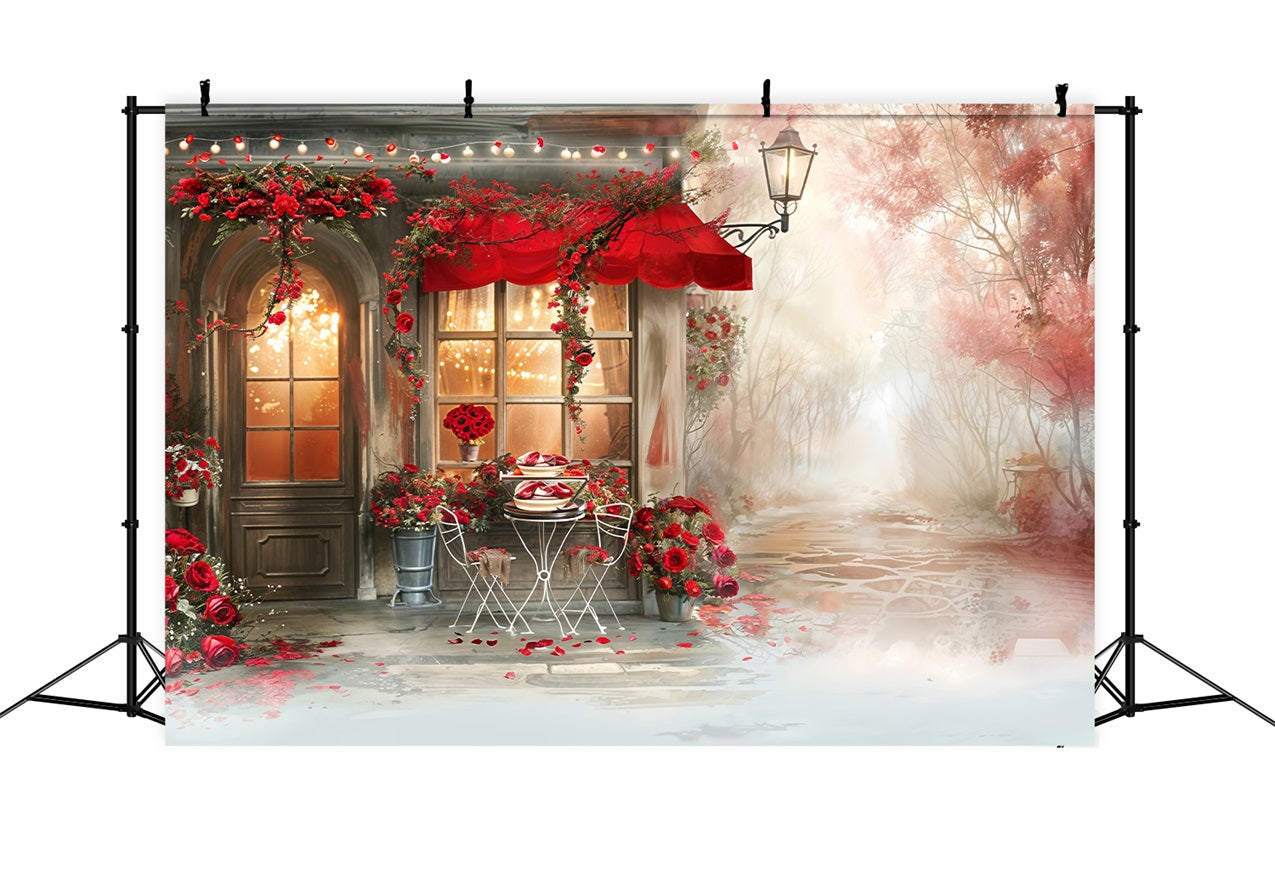 Valentine Theme Backdrop Romantic Cafe Scene Red Rose Backdrop BRP12-235