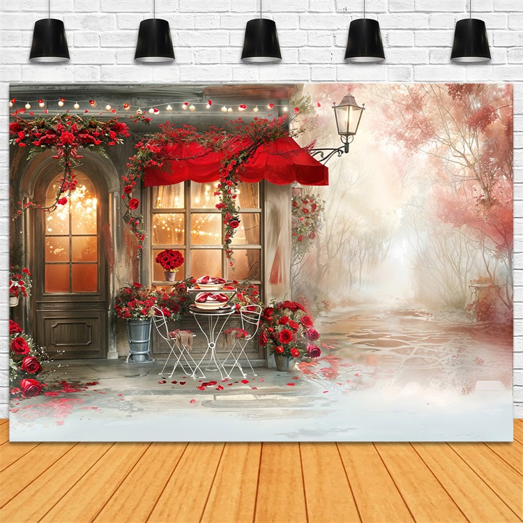 Valentine Theme Backdrop Romantic Cafe Scene Red Rose Backdrop BRP12-235