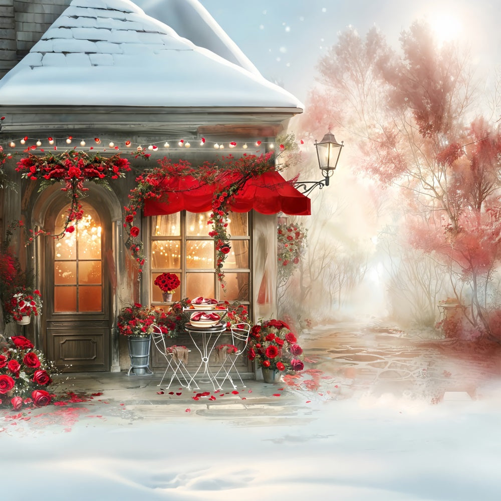 Valentine Theme Backdrop Romantic Cafe Scene Red Rose Backdrop BRP12-235