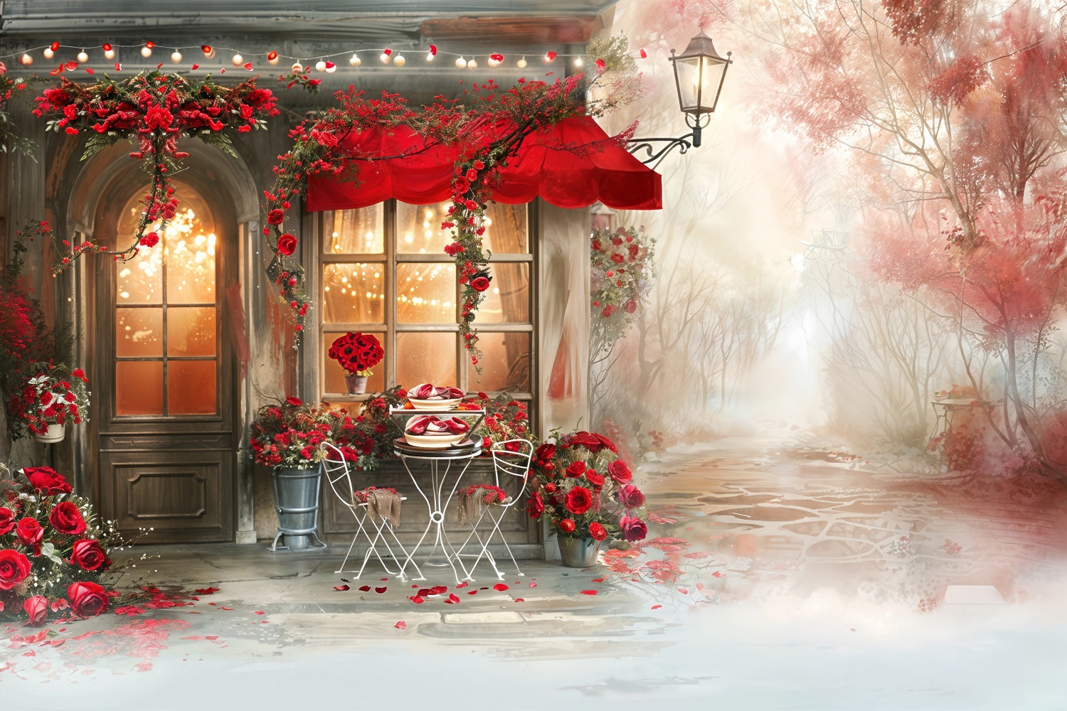 Valentine Theme Backdrop Romantic Cafe Scene Red Rose Backdrop BRP12-235