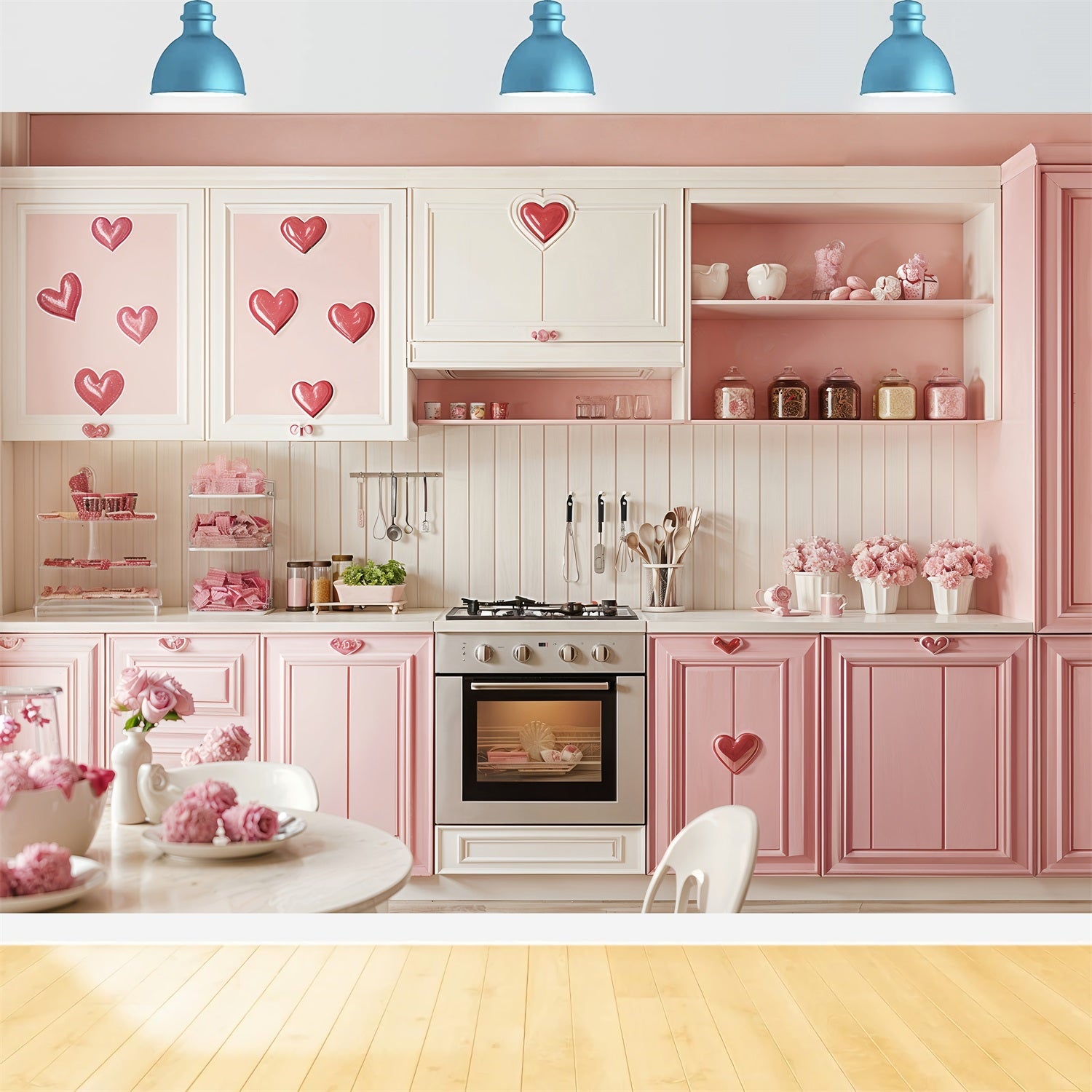 Backdrops Valentines Pink Kitchen Heart Accents Backdrop BRP12-238