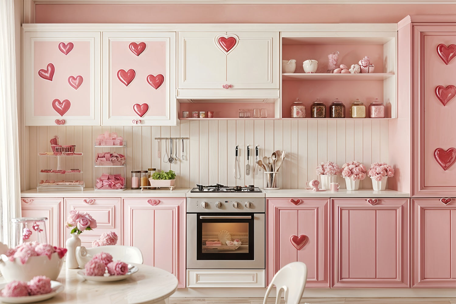 Backdrops Valentines Pink Kitchen Heart Accents Backdrop BRP12-238