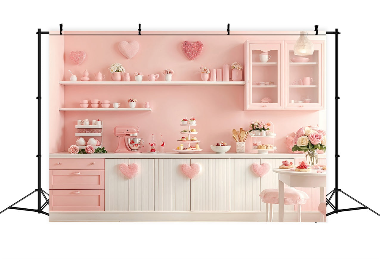 Valentine's Photo Backdrop Pink Kitchen Heart Shelves Backdrop BRP12-239