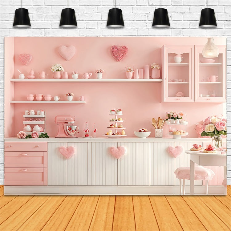 Valentine's Photo Backdrop Pink Kitchen Heart Shelves Backdrop BRP12-239