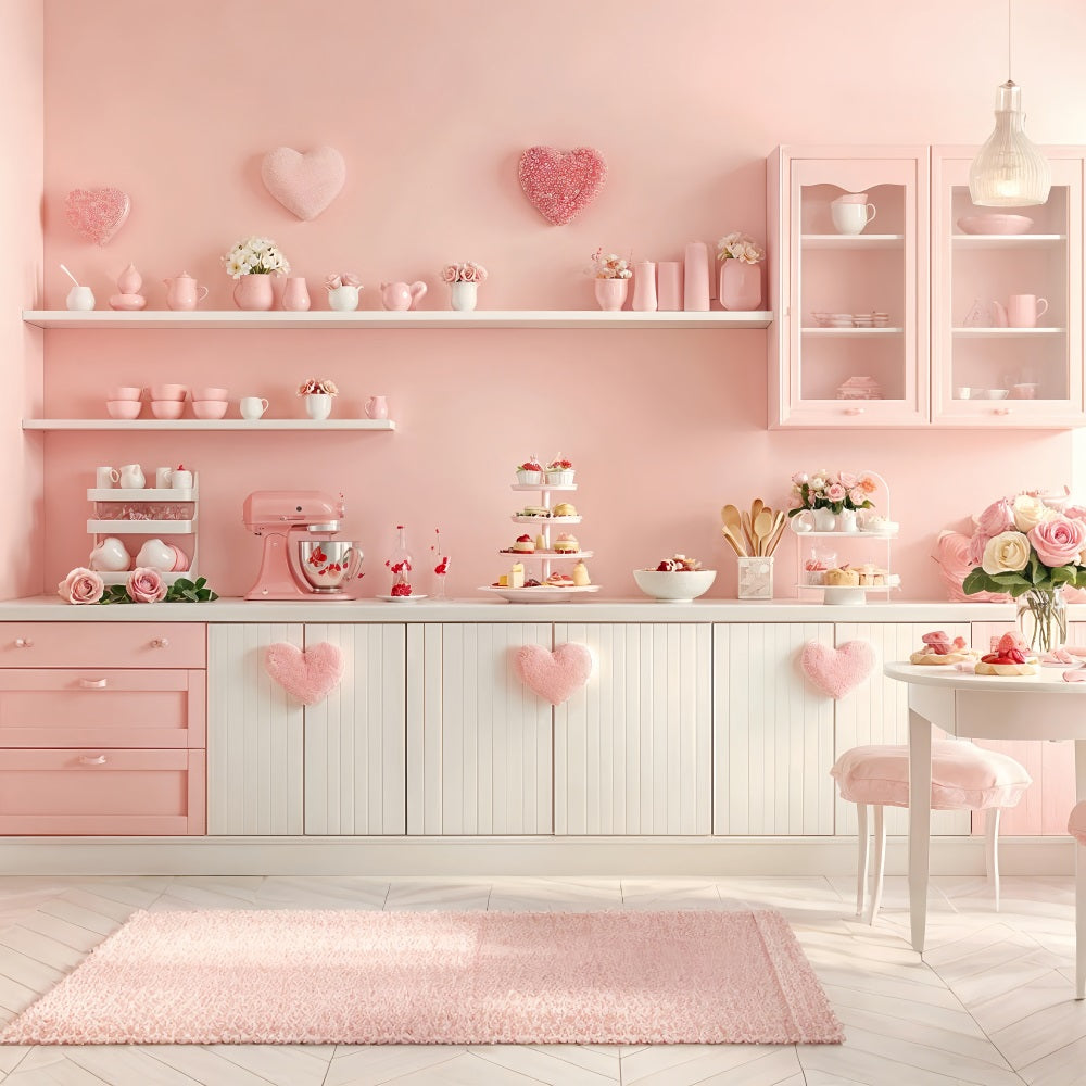 Valentine's Photo Backdrop Pink Kitchen Heart Shelves Backdrop BRP12-239