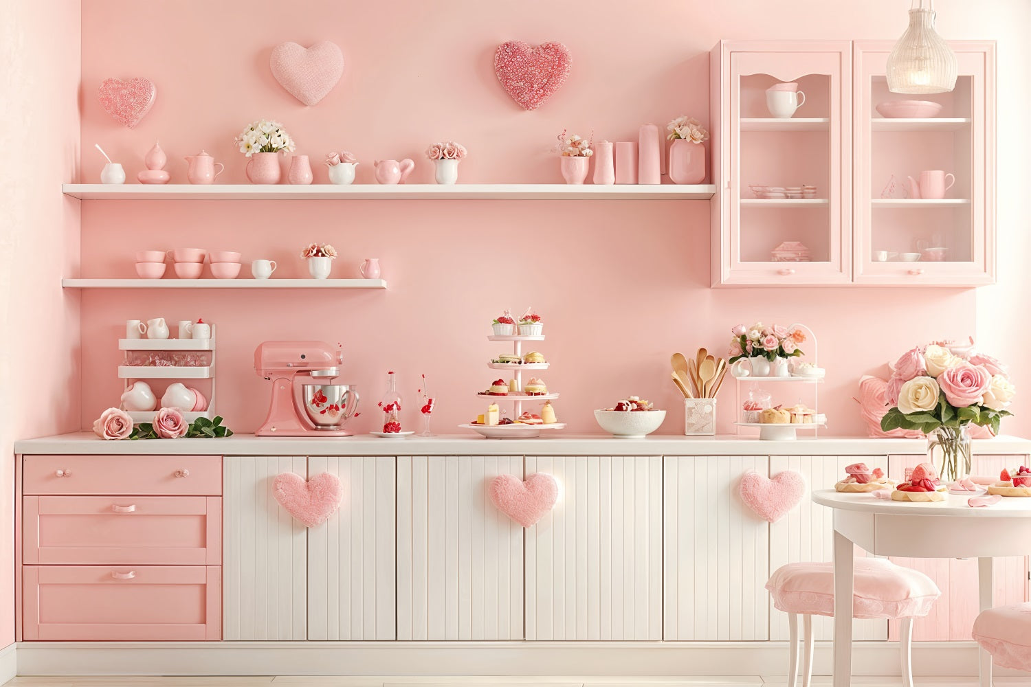 Valentine's Photo Backdrop Pink Kitchen Heart Shelves Backdrop BRP12-239