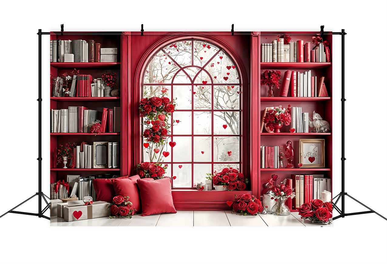 Valentine Photography Backdrop Red Themed Library Window Roses Backdrop BRP12-242