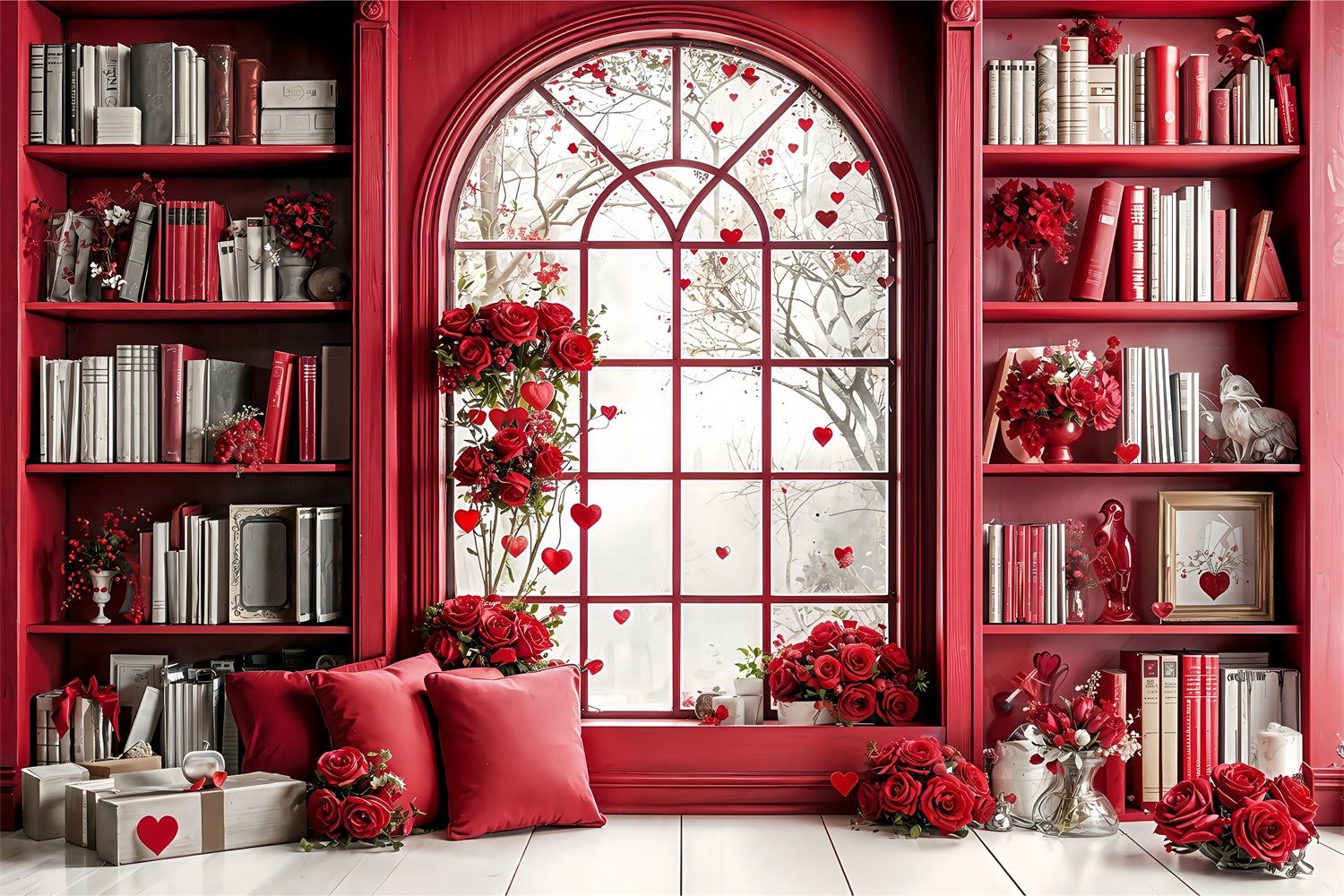 Valentine Photography Backdrop Red Themed Library Window Roses Backdrop BRP12-242