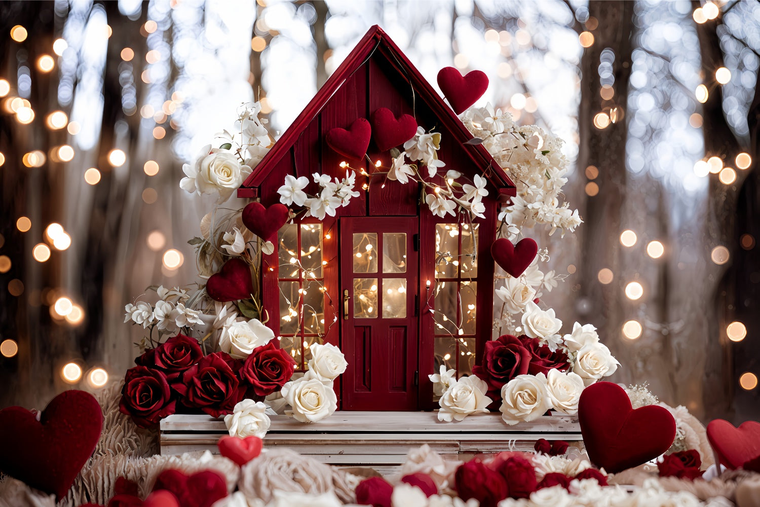 Valentines Party Backdrop Floral Red House Love-Inspired Backdrop BRP12-246