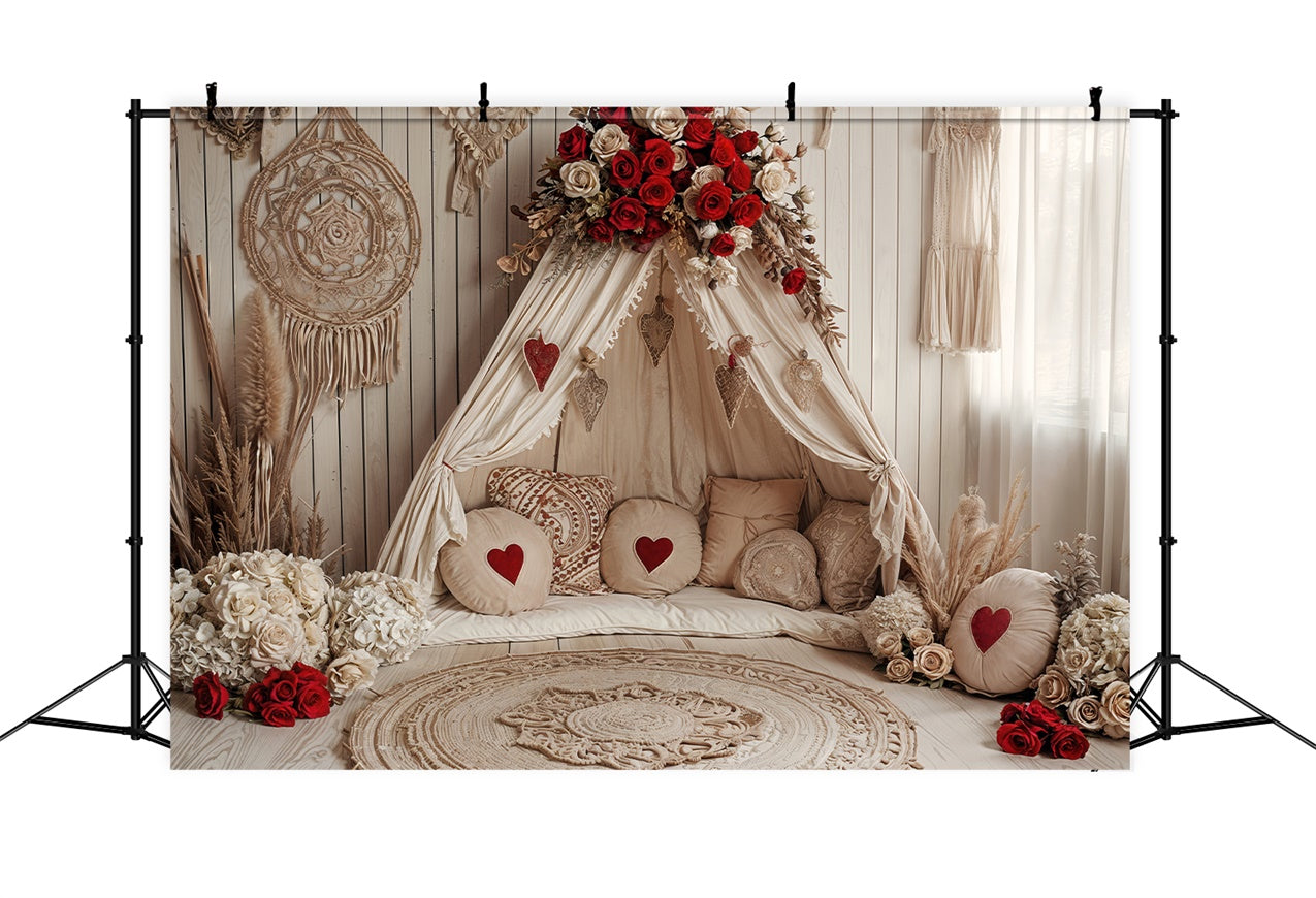 Valentines Photo Backdrops Boho Heart Roses Tent Backdrop BRP12-255