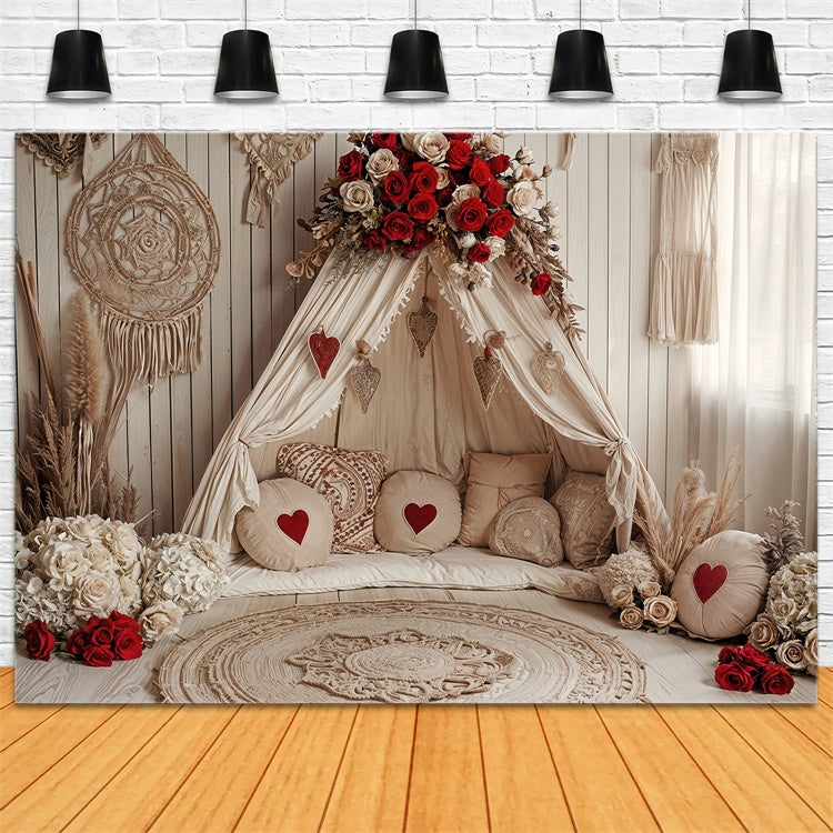 Valentines Photo Backdrops Boho Heart Roses Tent Backdrop BRP12-255