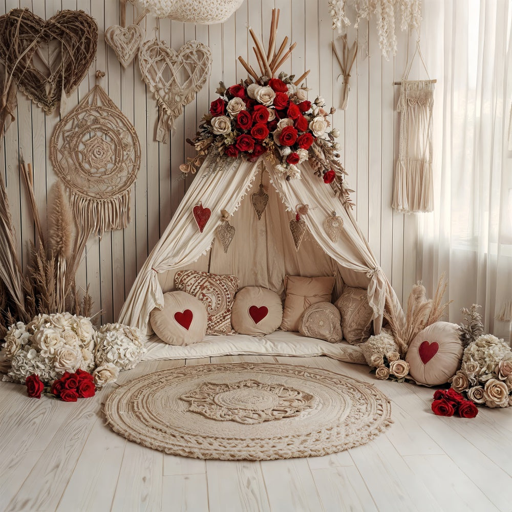 Valentines Photo Backdrops Boho Heart Roses Tent Backdrop BRP12-255