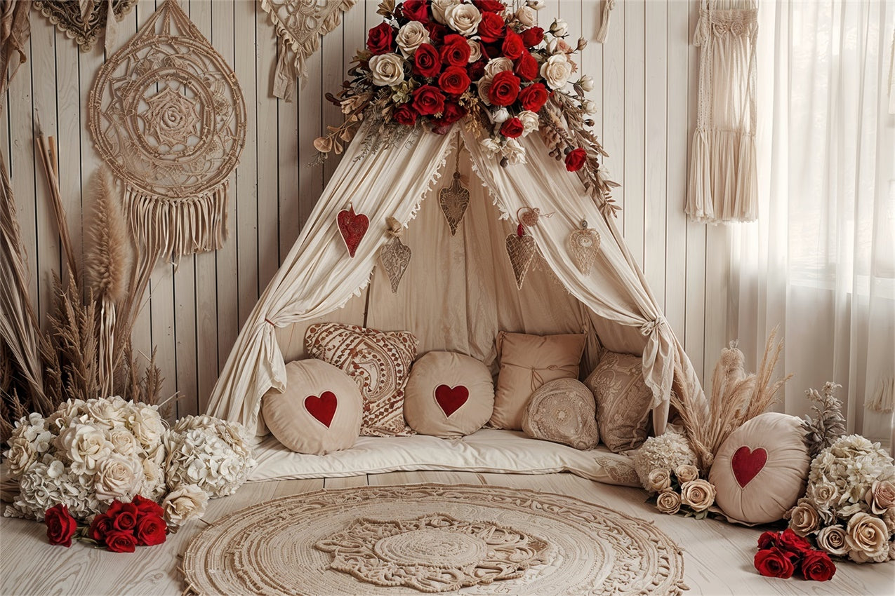 Valentines Photo Backdrops Boho Heart Roses Tent Backdrop BRP12-255