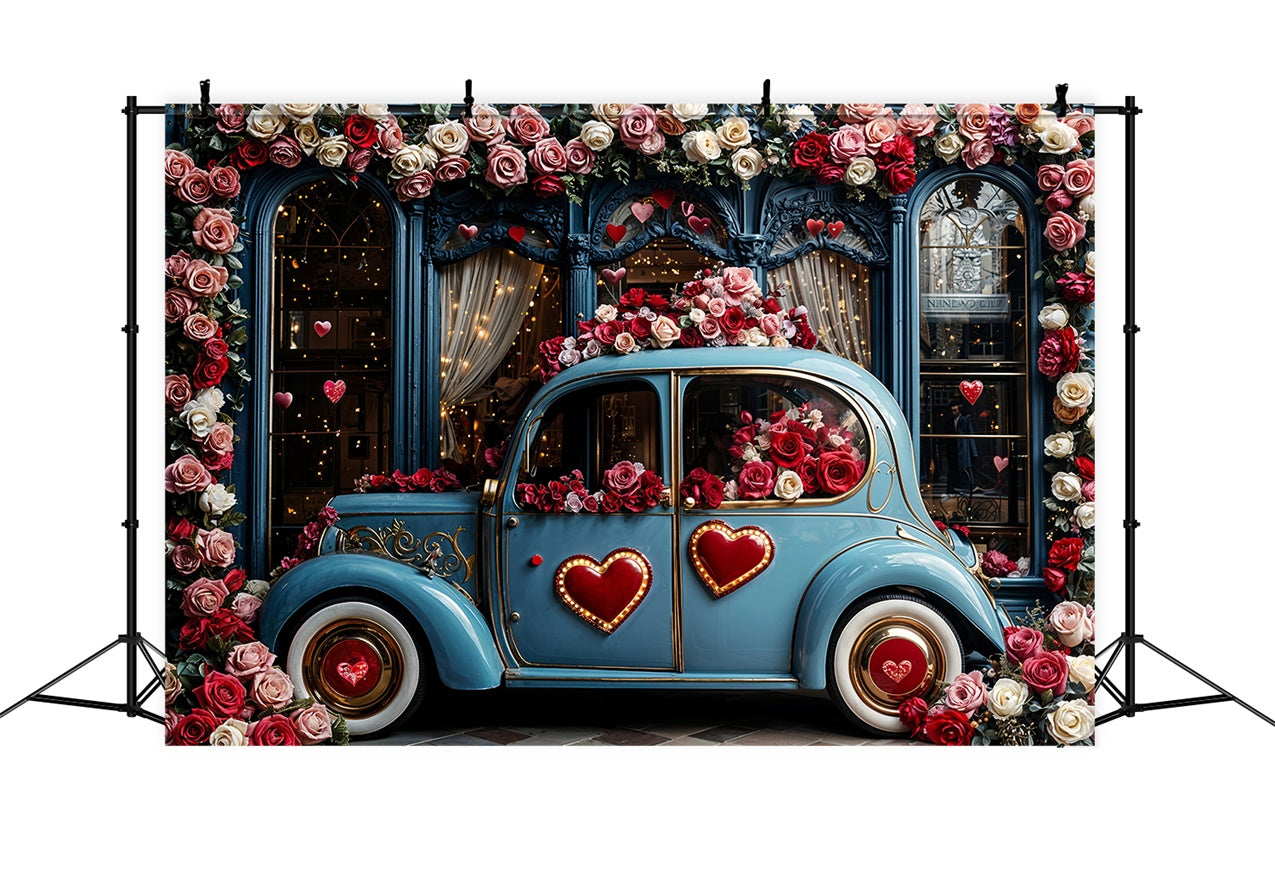 Valentine Day Backdrop Love-Themed Blue Car Floral Backdrop BRP12-259