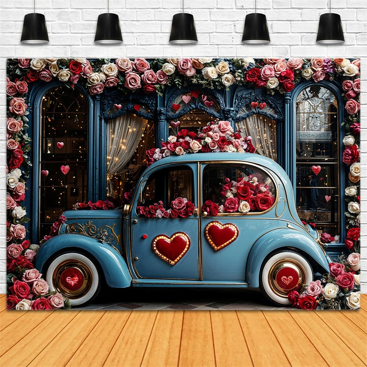 Valentine Day Backdrop Love-Themed Blue Car Floral Backdrop BRP12-259