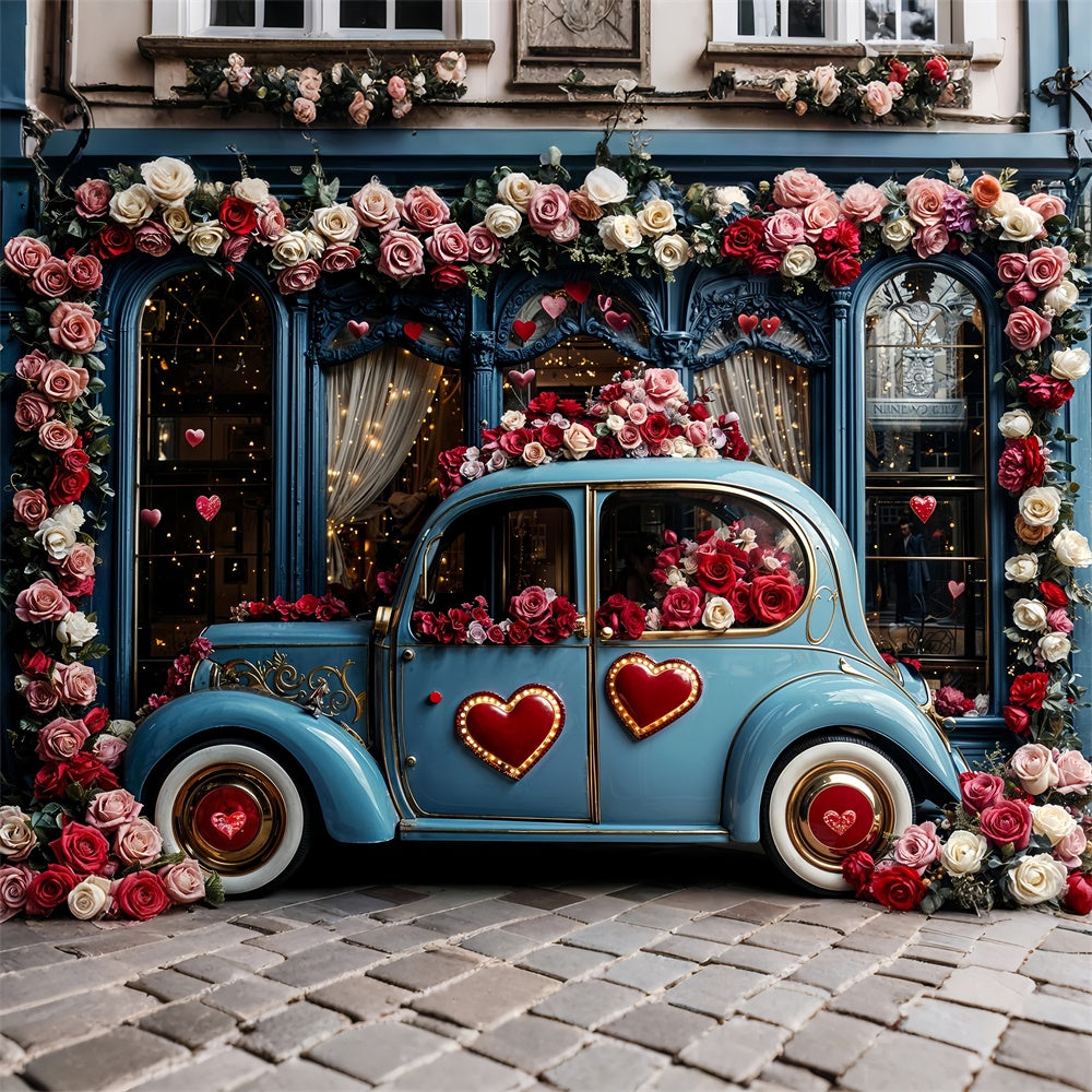 Valentine Day Backdrop Love-Themed Blue Car Floral Backdrop BRP12-259