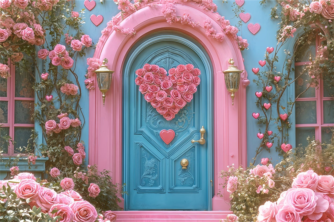 Valentine Backdrops Pink Rose Heart Blue Door Backdrop BRP12-261