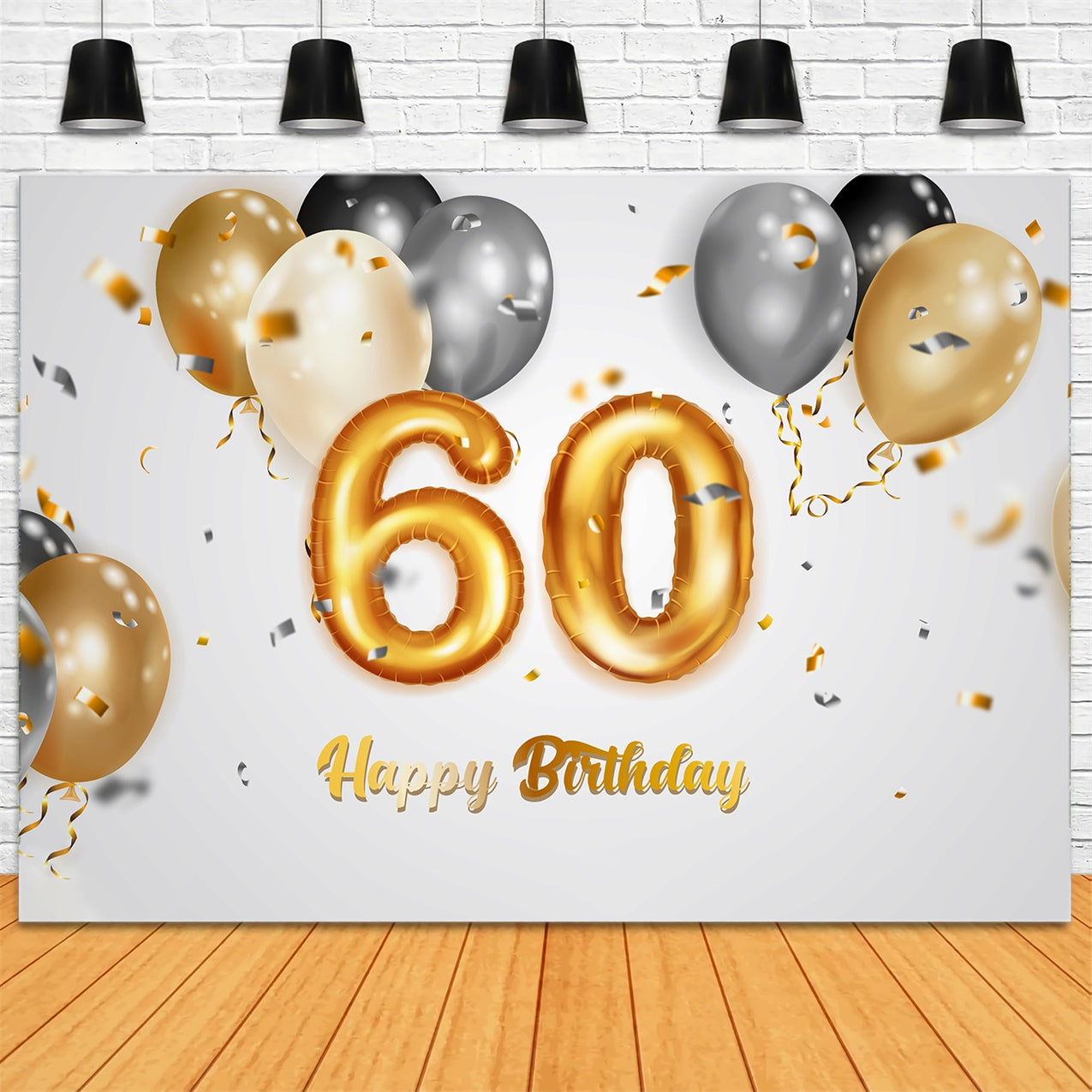 60th Birthday Photo Backdrop Elegant Black Gold Silver Backdrop BRP12-266