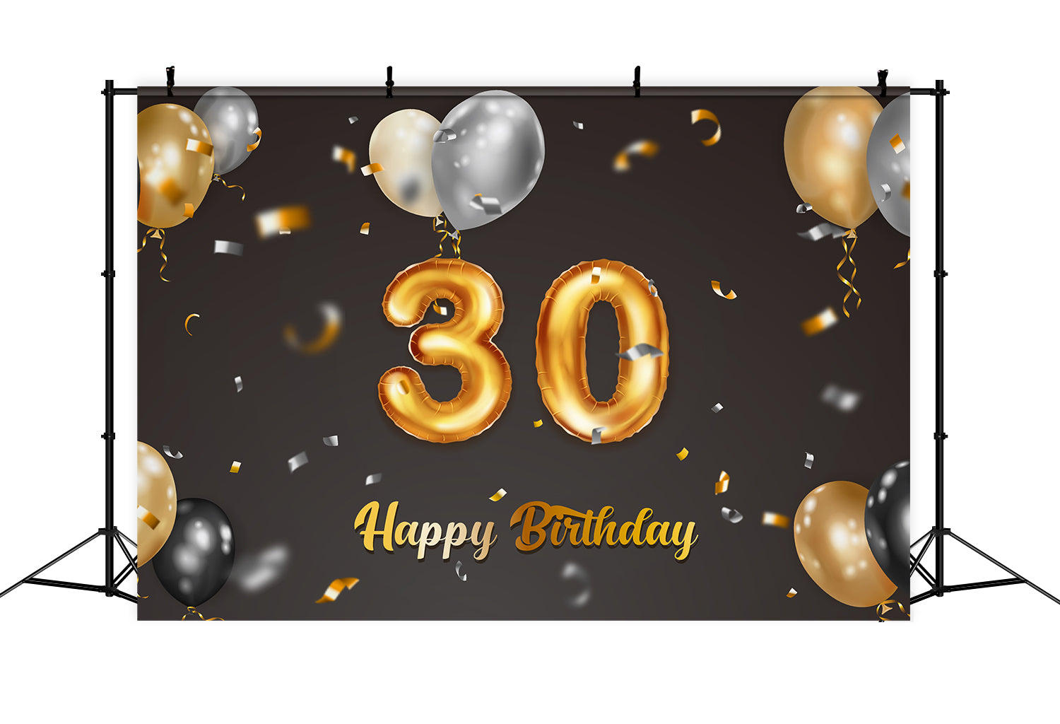 30th Birthday Photo Backdrop Classic Black Gold Balloons Backdrop BRP12-268