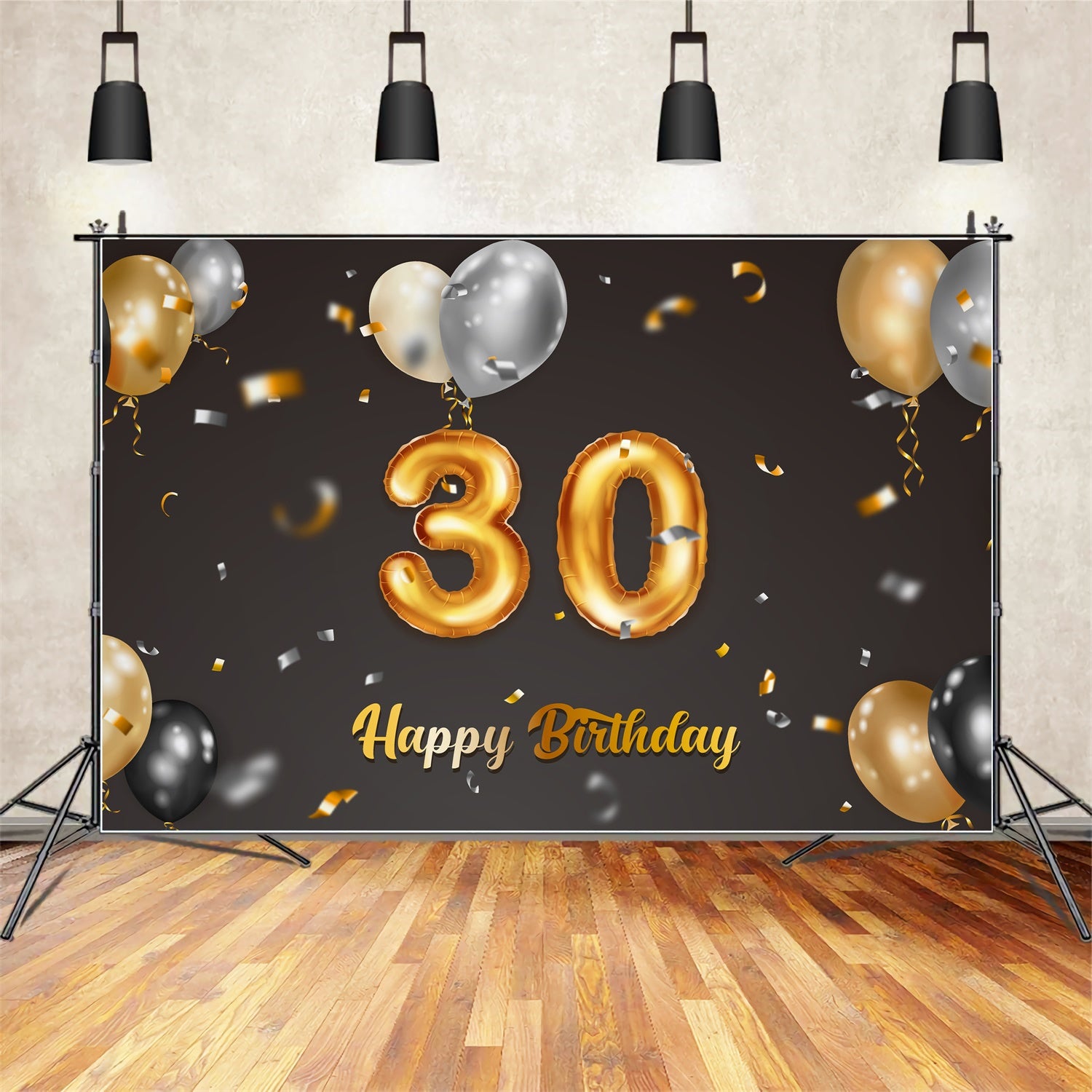 30th Birthday Photo Backdrop Classic Black Gold Balloons Backdrop BRP12-268