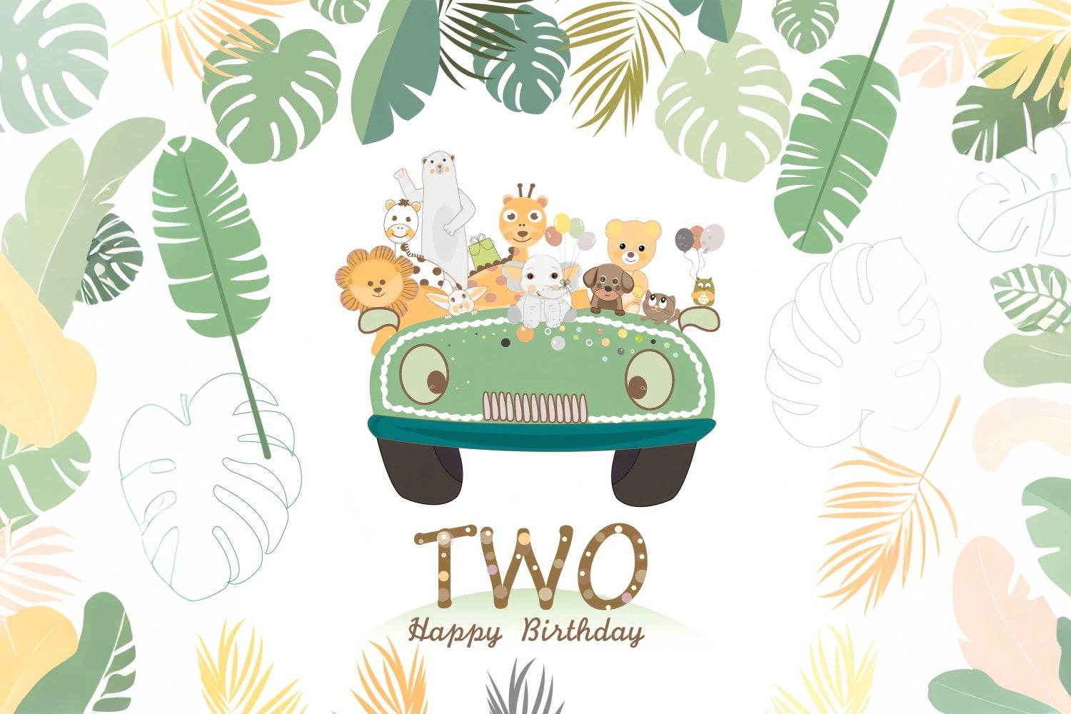 Personalized Birthday Backdrops Jungle Animals Two-Year Party Backdrop BRP12-292