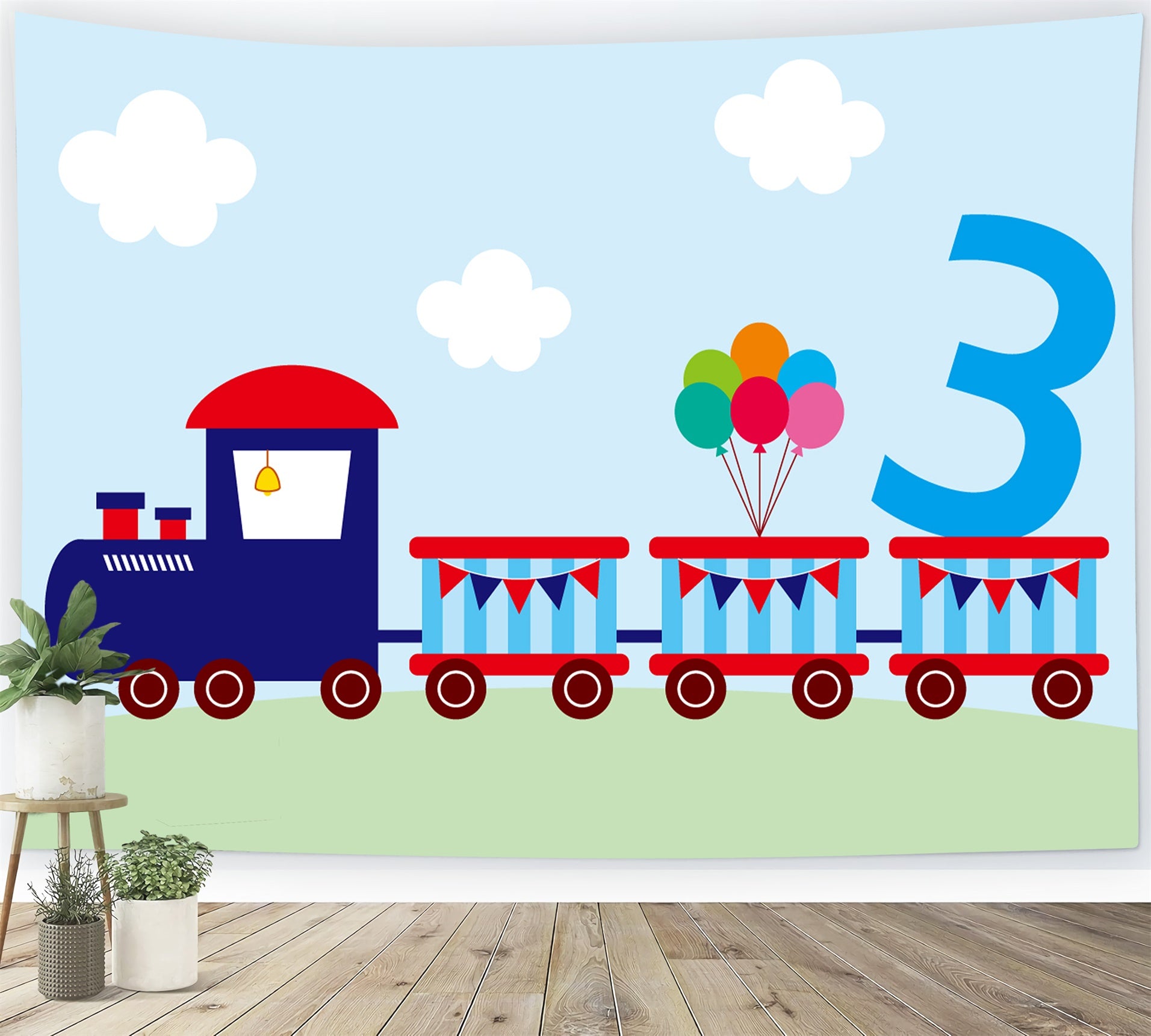 Custom Birthday Backdrop Train Themed Balloon Three Backdrop BRP12-297