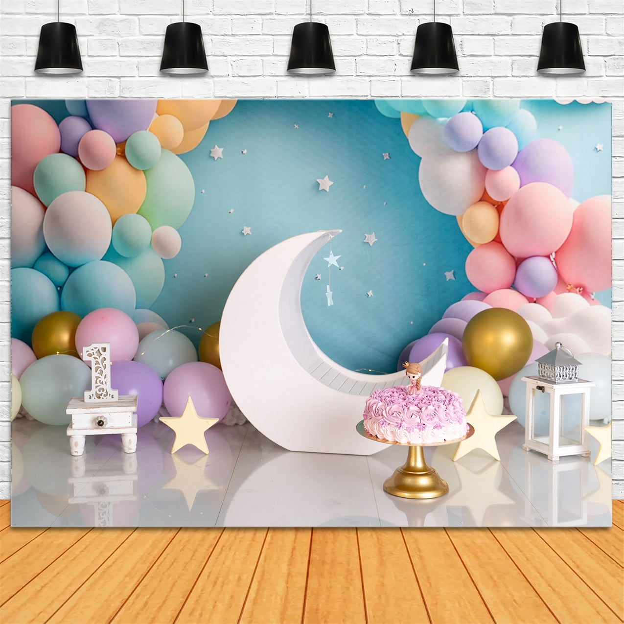 Custom Made Birthday Backdrops Pastel Balloons Moon Backdrop BRP12-300