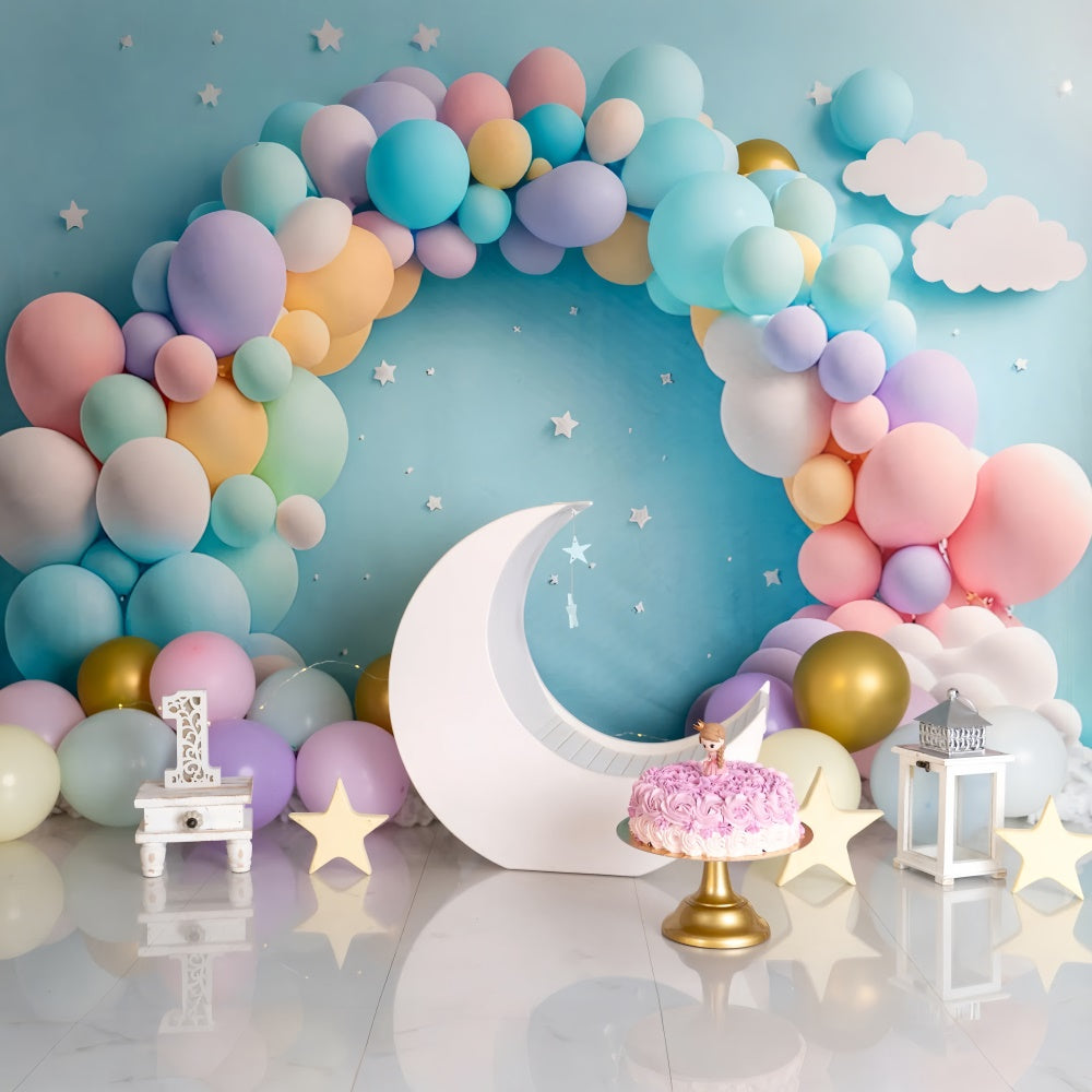 Custom Made Birthday Backdrops Pastel Balloons Moon Backdrop BRP12-300