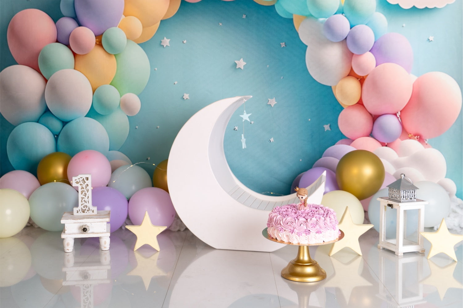 Custom Made Birthday Backdrops Pastel Balloons Moon Backdrop BRP12-300