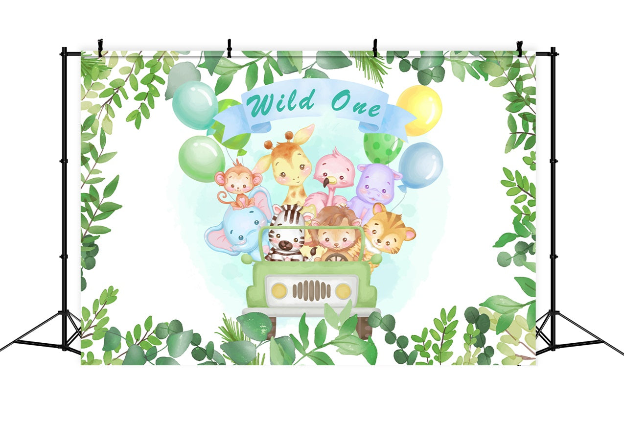 Customized Birthday Backdrop Wild One Safari Animals Balloon Backdrop BRP12-302