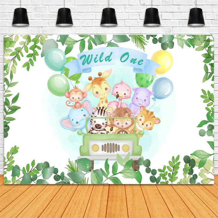 Customized Birthday Backdrop Wild One Safari Animals Balloon Backdrop BRP12-302