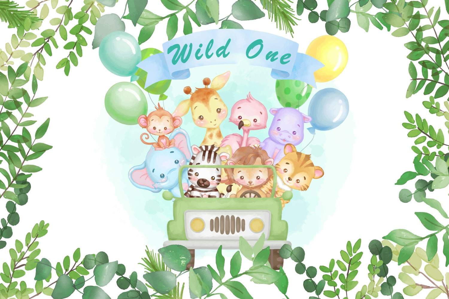 Customized Birthday Backdrop Wild One Safari Animals Balloon Backdrop BRP12-302