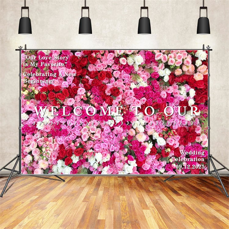 Personalized Wedding Backdrop Vibrant Pink Red Rose Backdrop BRP12-349