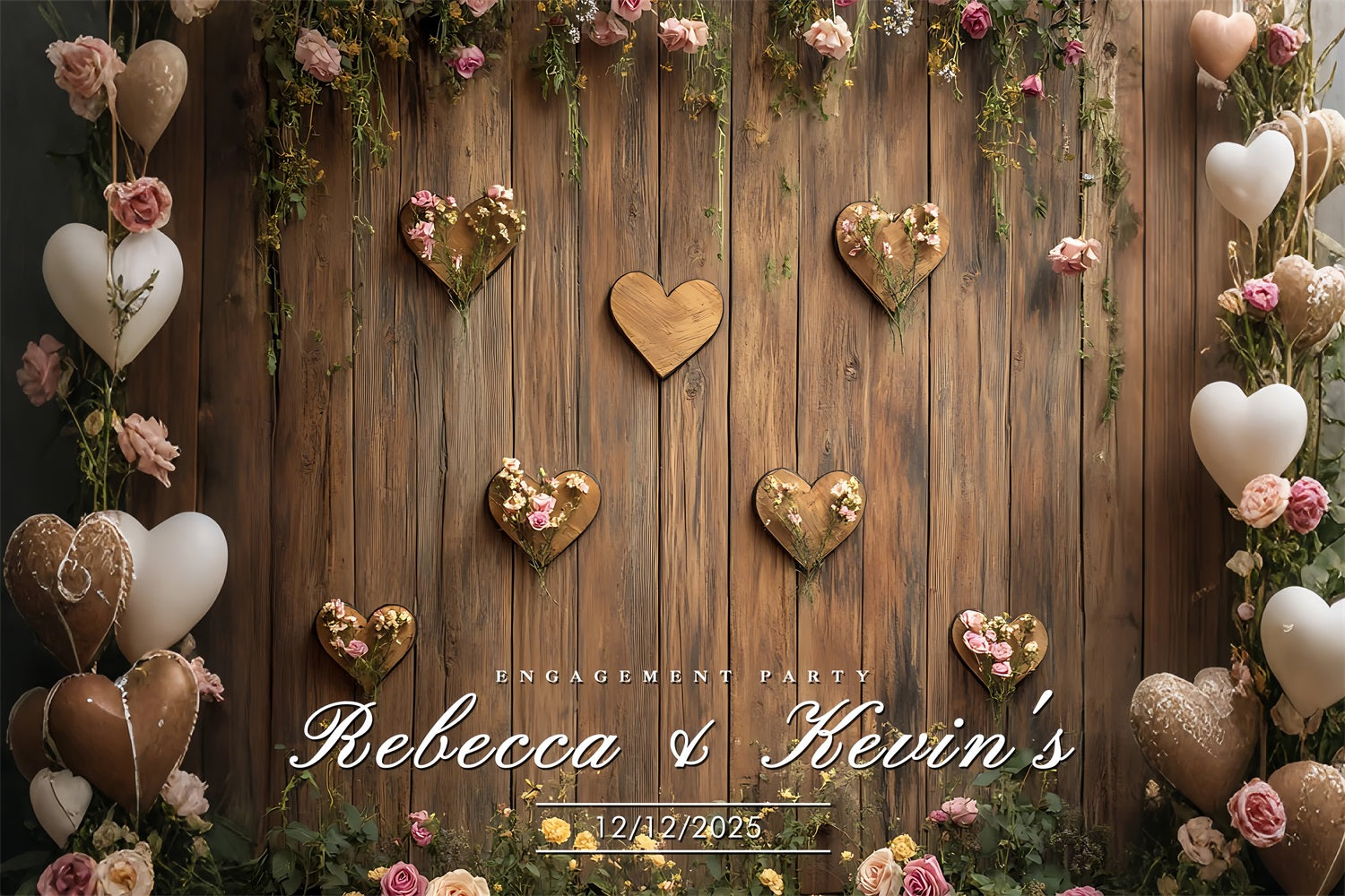 Personalised Wedding Backdrop Wooden Hearts Floral Engagement Party Backdrop BRP12-368