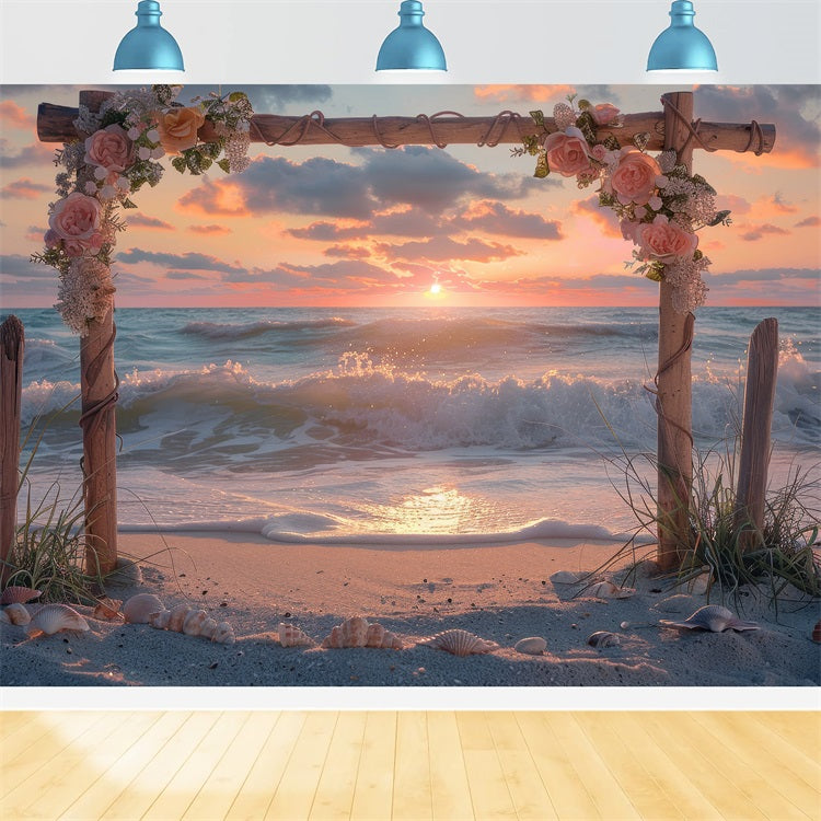 Wedding Backdrop Photography Sunset Beach Floral Arch Backdrop BRP12-381