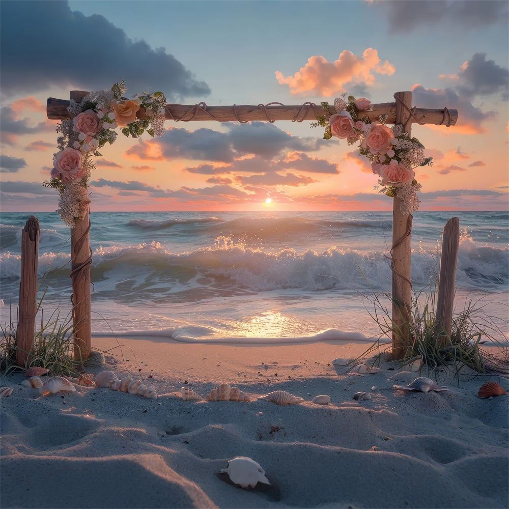 Wedding Backdrop Photography Sunset Beach Floral Arch Backdrop BRP12-381