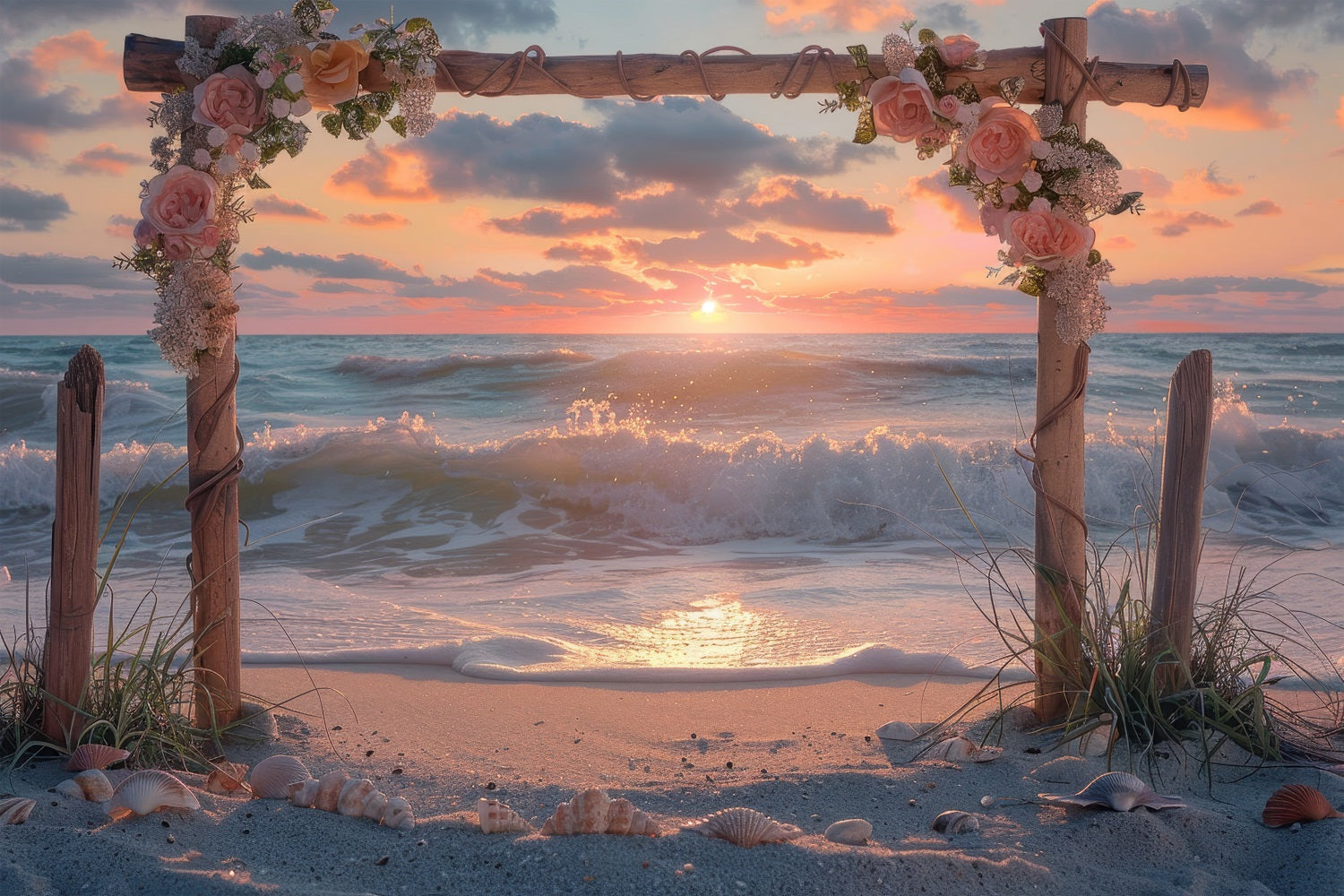 Wedding Backdrop Photography Sunset Beach Floral Arch Backdrop BRP12-381