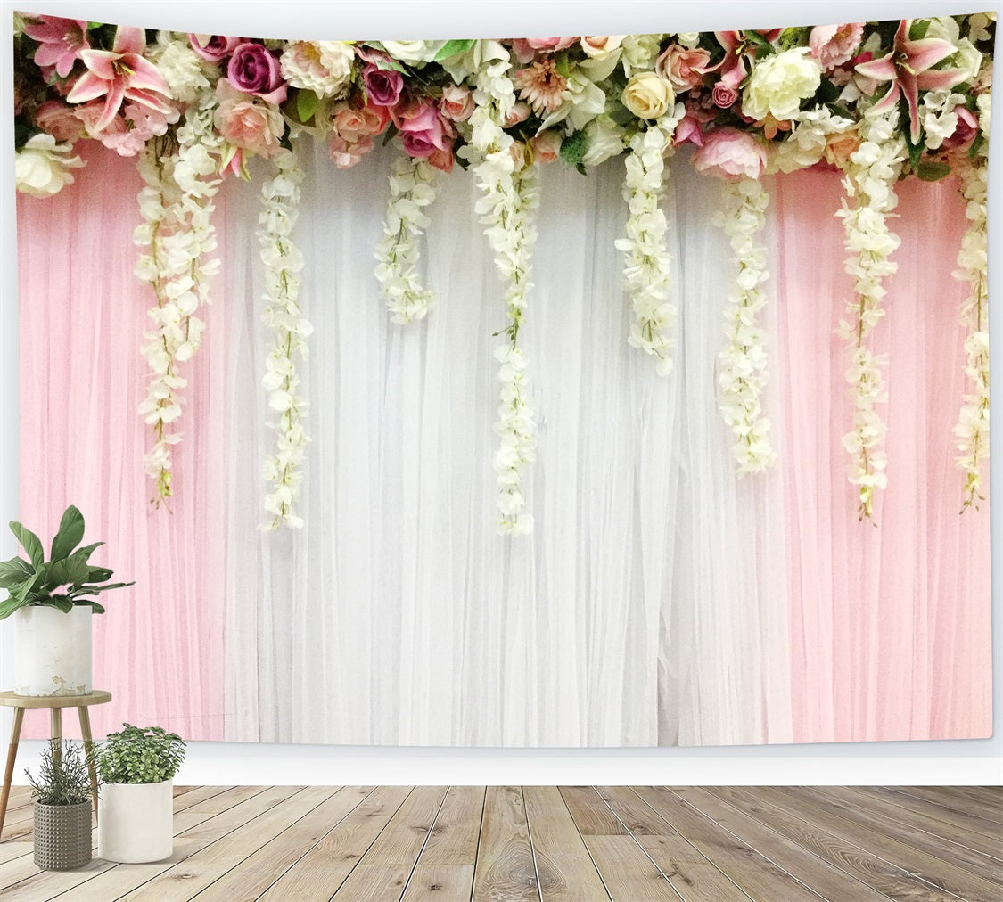 Wedding Photography Backdrops Pink White Floral Drapes Backdrop BRP12-383