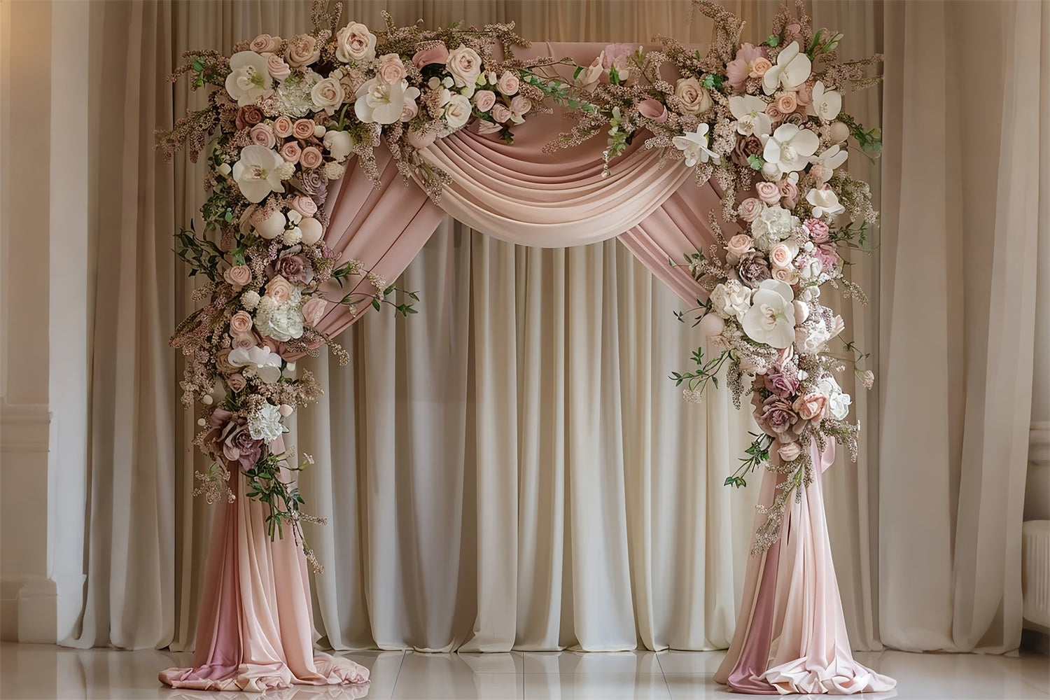 Wedding Photos Backdrop Blush Draped Floral Arch Backdrop BRP12-385