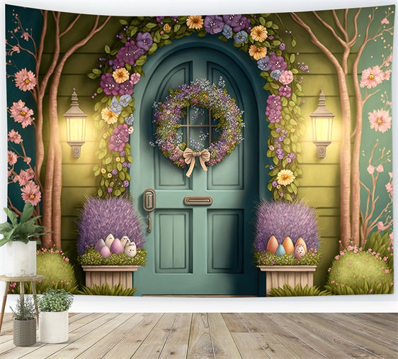 Photography Easter Backdrop Blooming Wreath Green Door Backdrop BRP12-391