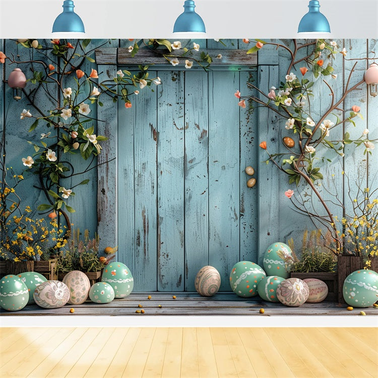 Backdrop Easter Blue Rustic Door Egg Decor Backdrop BRP12-400