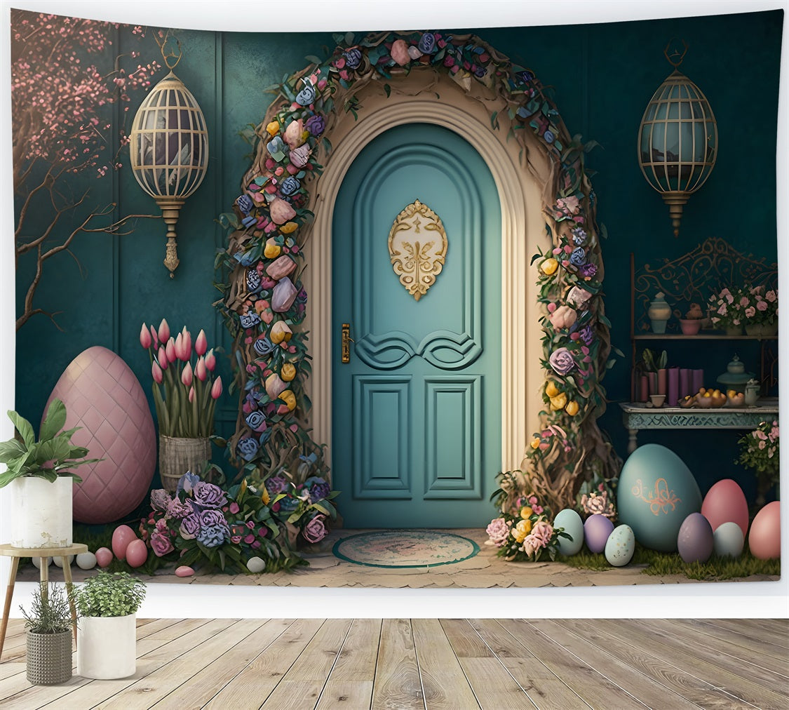 Easter Backdrops Elegant Floral Door Pastel Eggs Backdrop BRP12-403