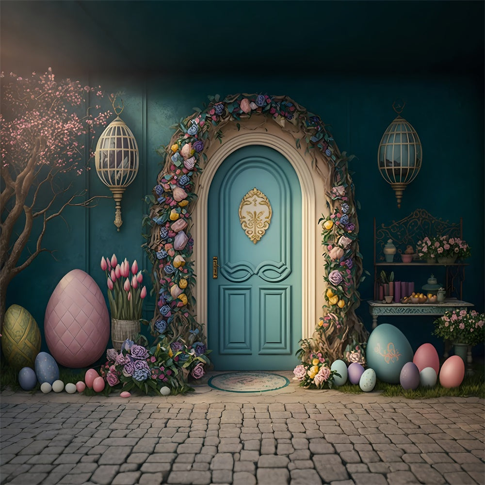 Easter Backdrops Elegant Floral Door Pastel Eggs Backdrop BRP12-403