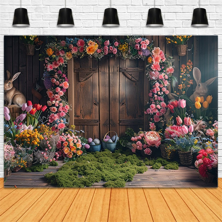 Easter Photo Backdrop Rustic Wooden Door Floral Bunny Backdrop BRP12-406