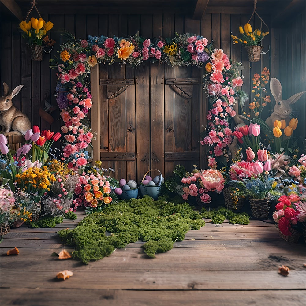 Easter Photo Backdrop Rustic Wooden Door Floral Bunny Backdrop BRP12-406