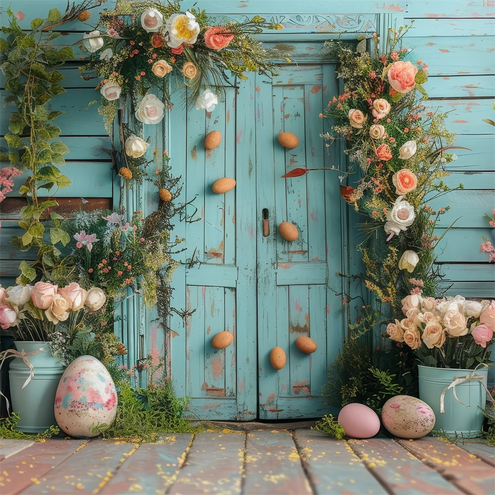 Easter Backdrop Light Blue Door Vibrant Floral Backdrop BRP12-409