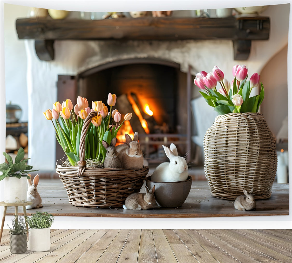 Photography Easter Backdrop Bright Tulips Cozy Fireplace Backdrop BRP12-417