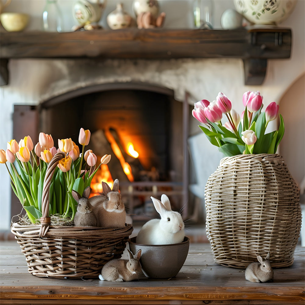 Photography Easter Backdrop Bright Tulips Cozy Fireplace Backdrop BRP12-417