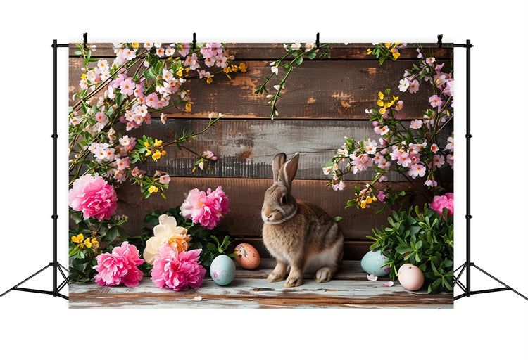 Easter Backdrop Pink Blooms Bunny Rustic Wooden Backdrop BRP12-421